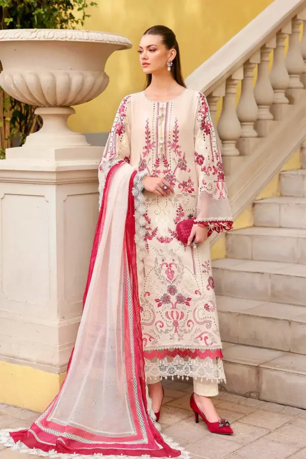 Shiffonz lawn luxe collection 3 piece embroidered suit - Cream, X - Large