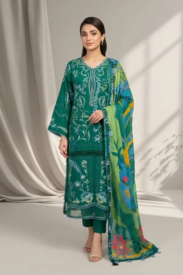 Nara collection 3 piece lux lawn embroidered suit - Green, X - Large