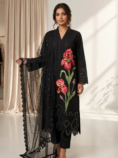 Nara collection 3 piece lawn luxe embroidered suit - Black, Small
