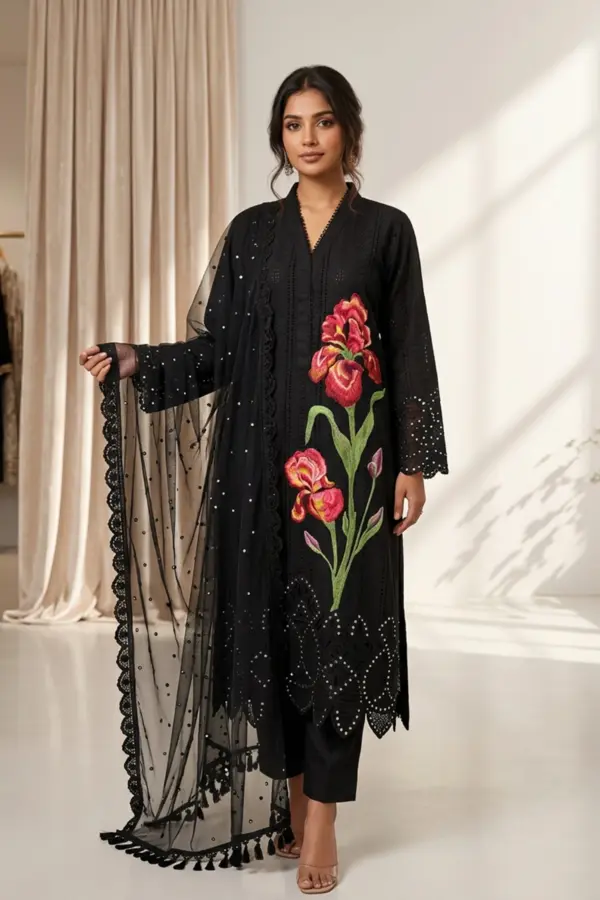 Nara collection 3 piece lawn luxe embroidered suit - Black, X - Large