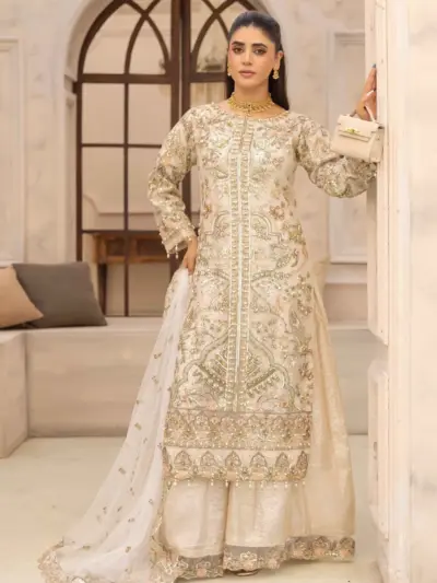 Aafiyat premium collection 3 piece embroidered suit - Cream, Medium