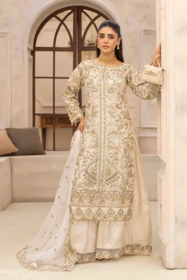 Aafiyat premium collection 3 piece embroidered suit - Cream, Large