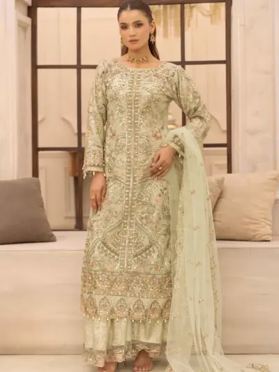 Aafiyat premium collection 3 piece embroidered suit - Mint, X - Large