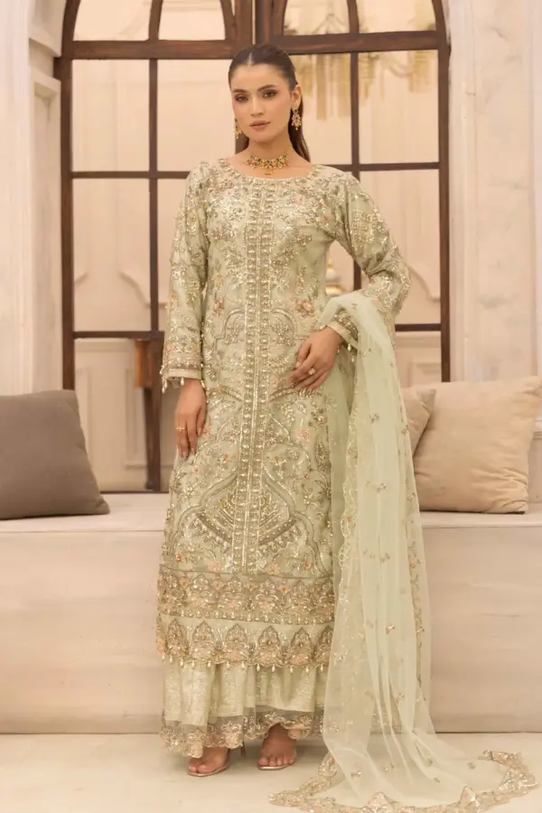 Aafiyat premium collection 3 piece embroidered suit - Mint, X - Large