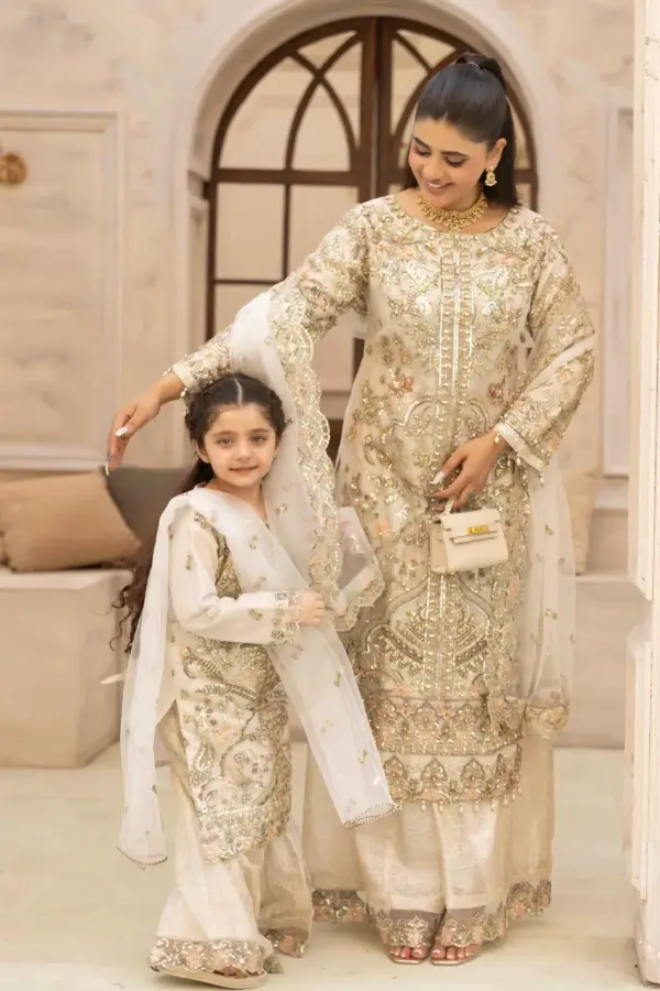 Aafiyat kids premium collection 3 piece embroidered suit - Cream, 26