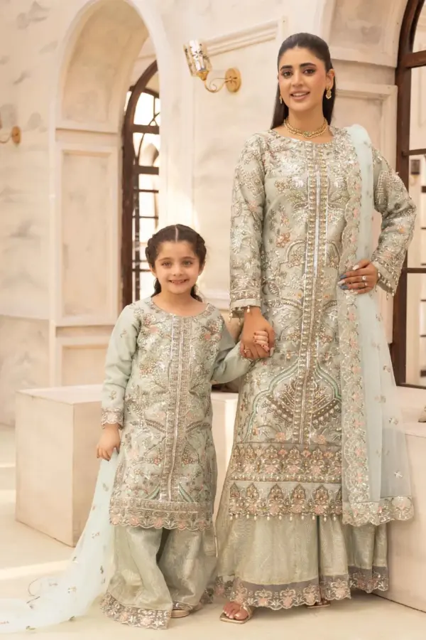 Aafiyat kids premium collection 3 piece embroidered suit - SGREEN, 26