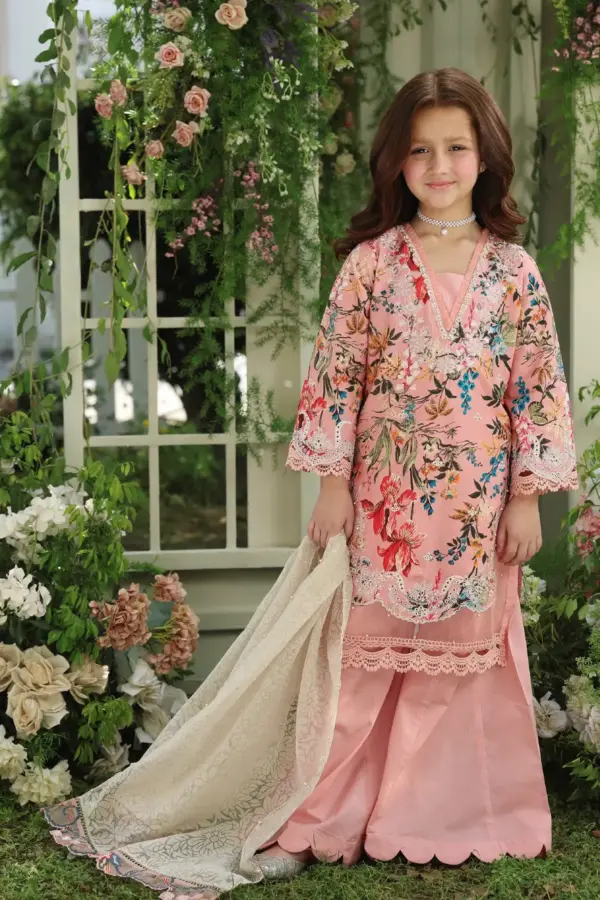 Sarah premium Eid collection 3 piece emb sharara kids suit - Peach, 26