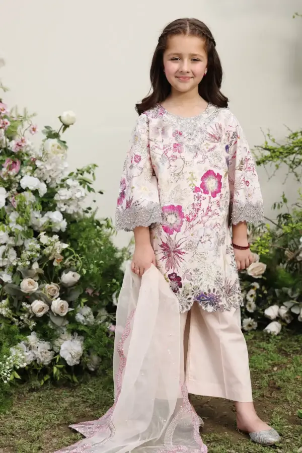 Sarah premium Eid collection 3 piece embroidered kids suit - Cream, 26
