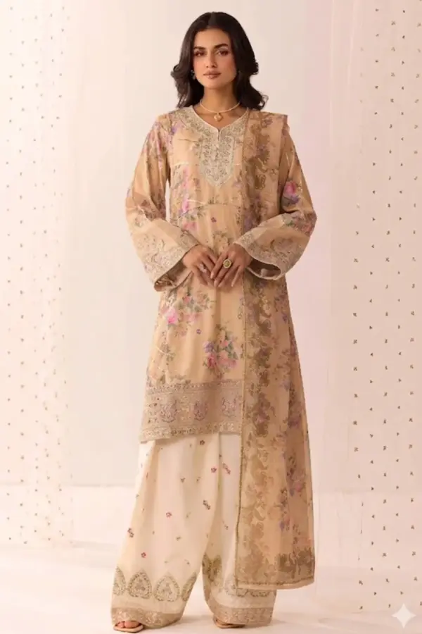 Eid fit 3 piece lux embroidered farshi shalwar suit - Beige, X - Large