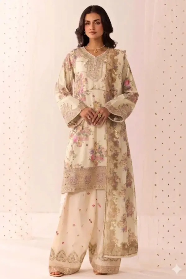 Eid fit 3 piece lux embroidered farshi shalwar suit - Cream, X - Large