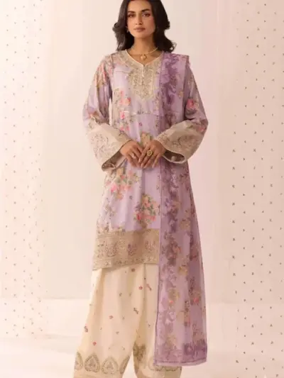 Eid fit 3 piece lux embroidered farshi shalwar suit - Lilac, Medium