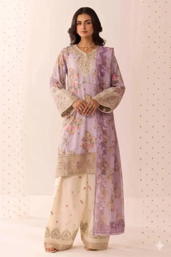Eid fit 3 piece lux embroidered farshi shalwar suit - Lilac, X - Large