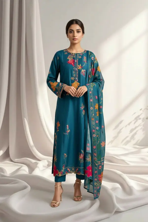 Shiffonz lux collection 3 piece embroidered suit - Teal, X - Large