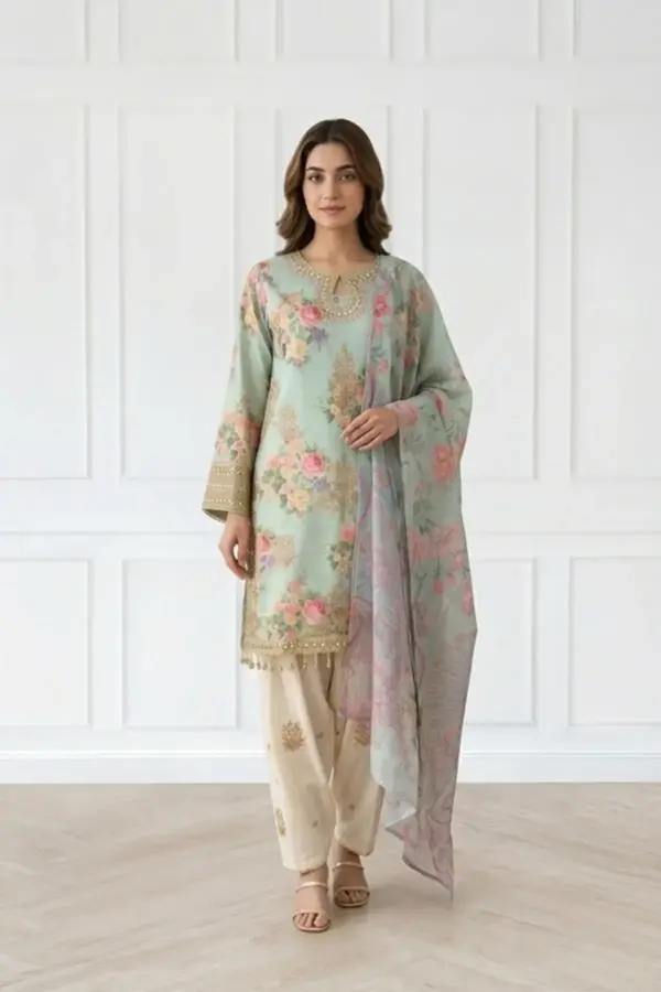 Zoya premium farshi shalwar 3 piece collection - Mint, X - Large