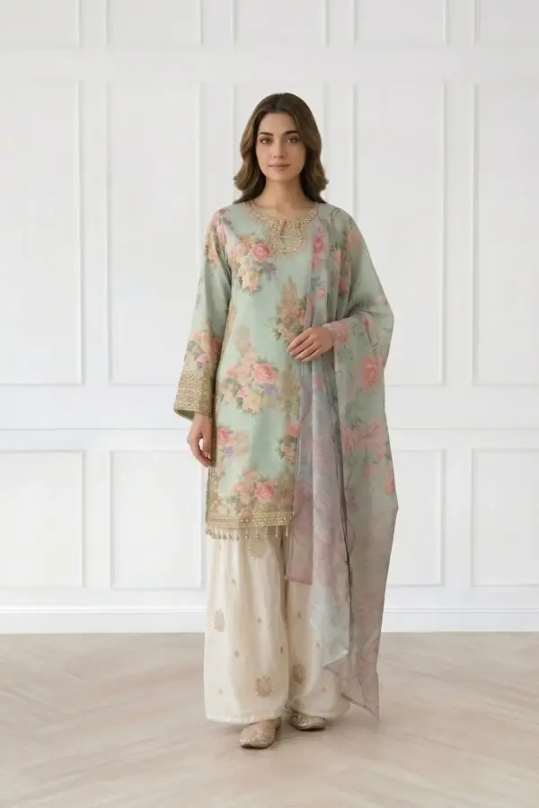 Zoya premium farshi shalwar 3 piece collection - Mint, X - Large
