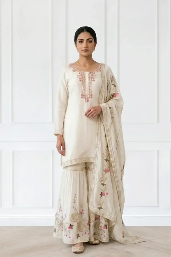 Shiffonz 3 piece luxe gharara embroidered suit - White, 40
