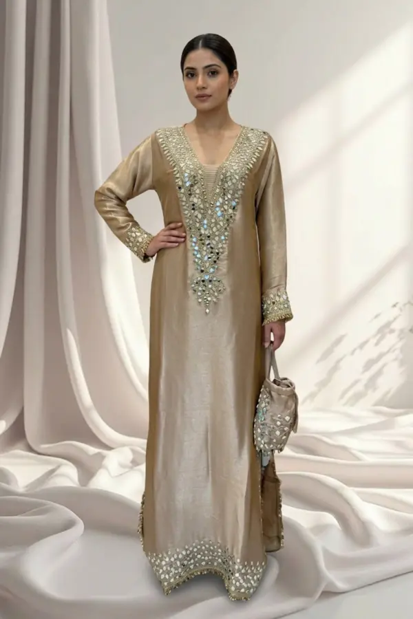 Shiffonz mirror embellished straight long kaftan - Beige, 40