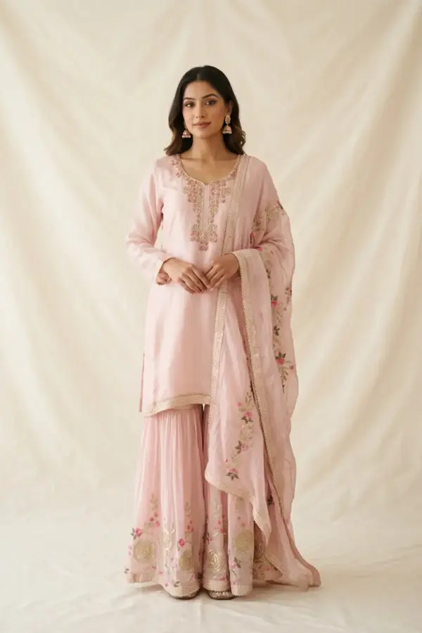 Shiffonz 3 piece luxe gharara embroidered suit - Pink, 38