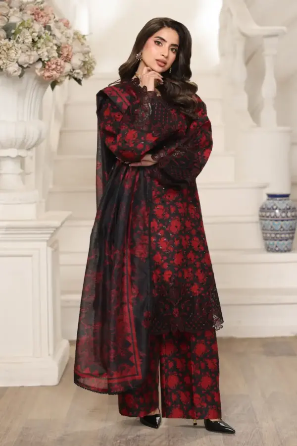 Aabroo summer lawn Eid collection 3 piece suit - Red, X - Large