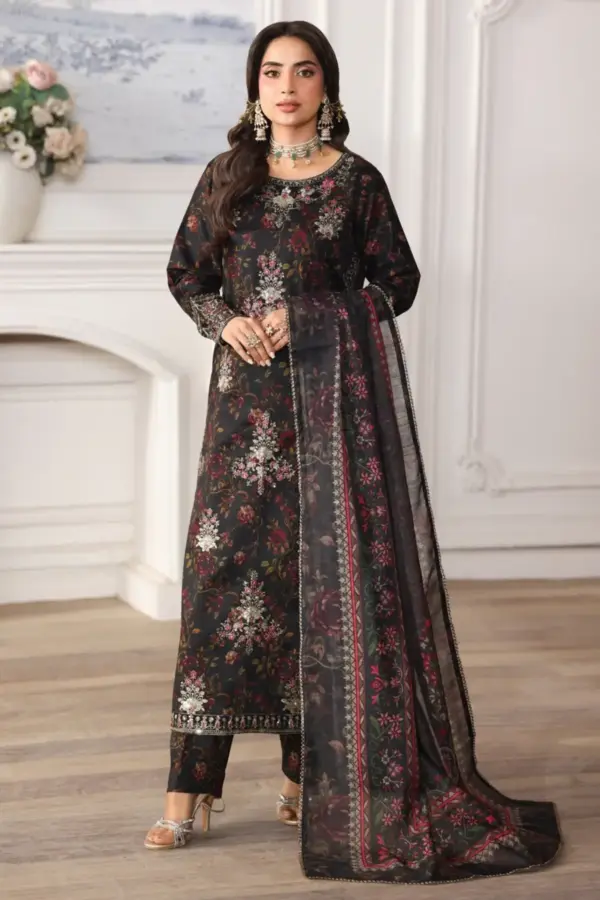 Aabroo summer lawn Eid collection printed suit - Black, X - Large