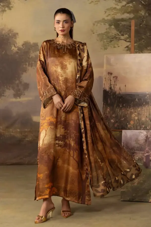 Kaftan luxe collection 3 piece Eid silk edit - Brown, Large