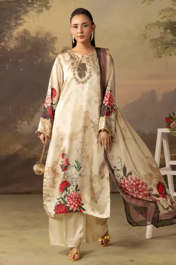 Kaftan luxe collection 3 piece printed Eid edit - Beige, X - Large