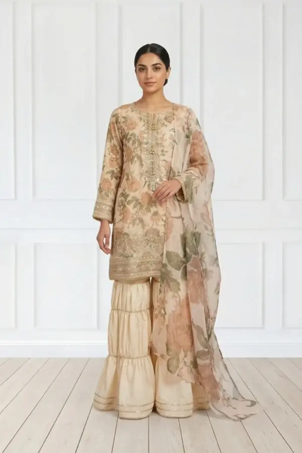 Zoya premium collection 3 piece embroidered gharara suit - Beige, X - Large