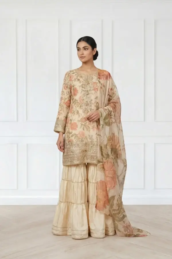 Zoya premium collection 3 piece embroidered gharara suit - Cream, X - Large