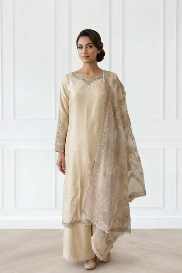 Maharani luxe embroidered silk plazo suit - Cream, X - Large