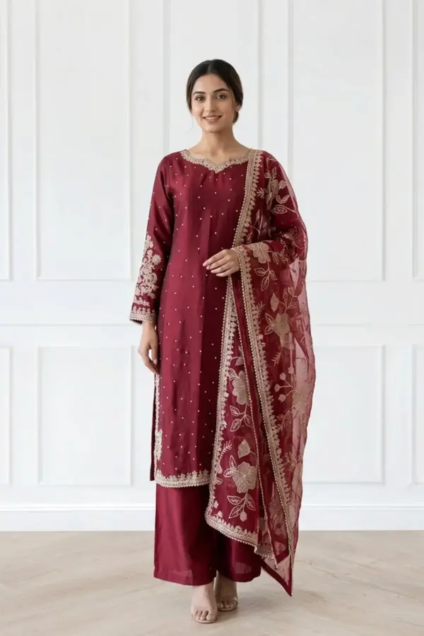 Maharani luxe embroidered silk plazo suit - Maroon, X - Large
