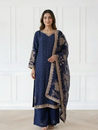Maharani luxe embroidered silk plazo suit - Navy, X - Large