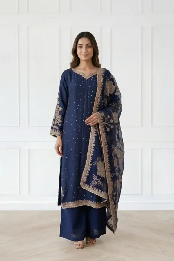 Maharani luxe embroidered silk plazo suit - Navy, X - Large
