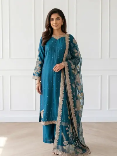 Maharani luxe embroidered silk plazo suit - Teal, X - Large