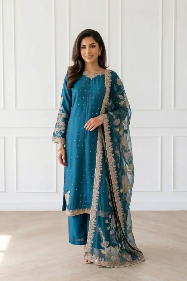 Maharani luxe embroidered silk plazo suit - Teal, X - Large