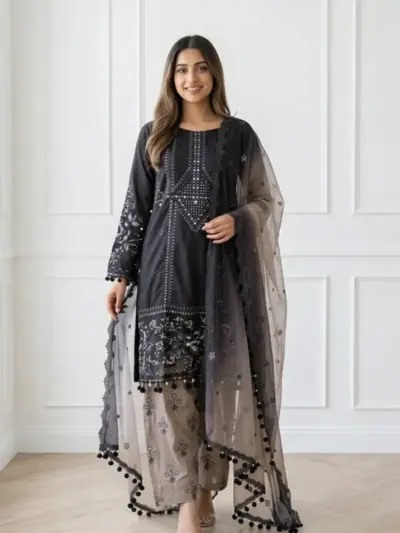 Amani Eid premium collection embroidered shalwar suit - Black, X - Large