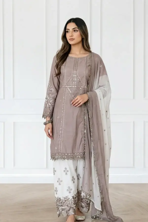 Amani Eid premium collection shalwar embroidered suit - Brown, X - Large
