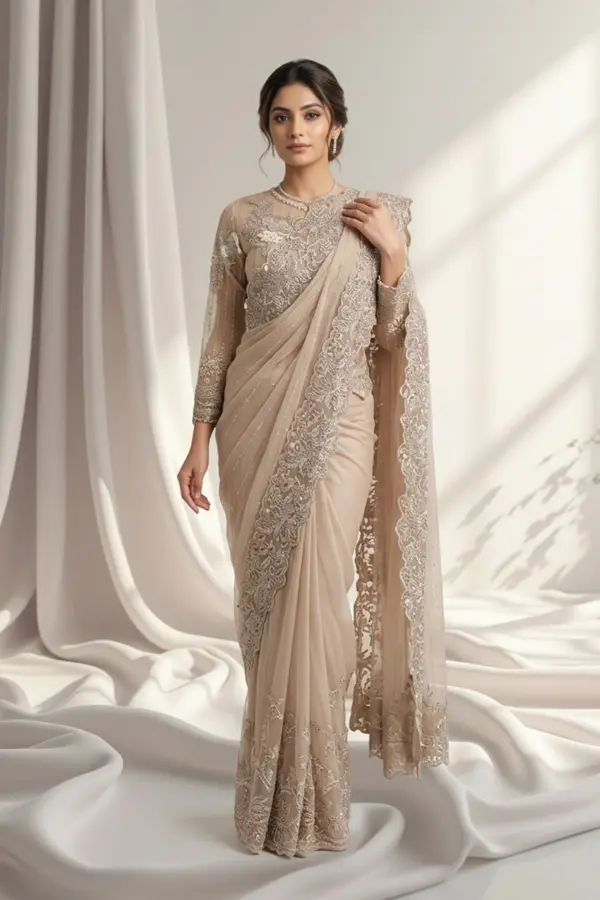 Shiffonz luxury embroidered saree collection - Beige, X - Large