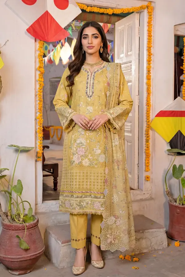 Ivana luxury collection Mercina 3 piece embroidered suit - Yellow, X - Large