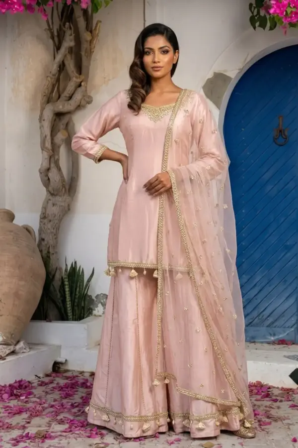 Shiffonz 3 piece handwork lux embroidered sharara suit - DTPINK, 38