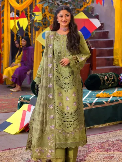Ivana luxury collection Nisa 3 piece embroidered suit - MEHNDI, Medium