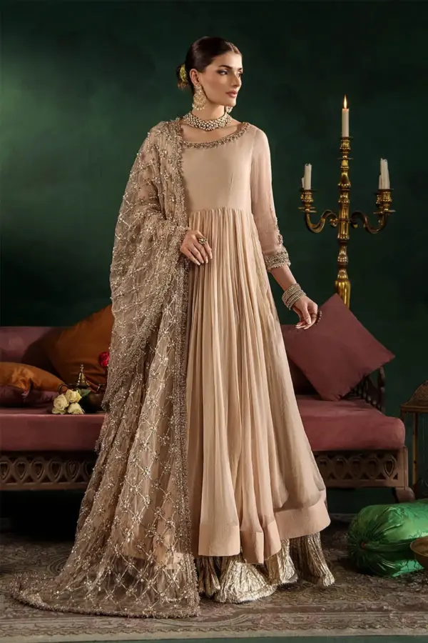 Khudabaksh luxe embroidered crinkle chiffon gown - Beige, X - Large