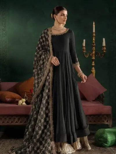 Khudabaksh luxe embroidered crinkle chiffon gown - Black, Medium