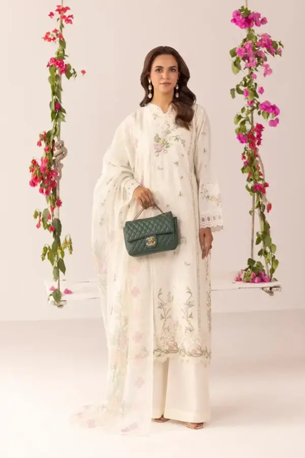 Ruby Shiffonz collection embroidered 3 piece Eid suit - Cream, X - Large