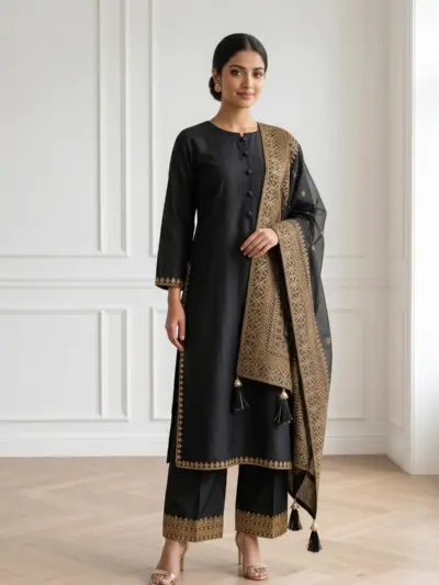 Reena luxe collection embroidered 3 piece suit - Black, Small