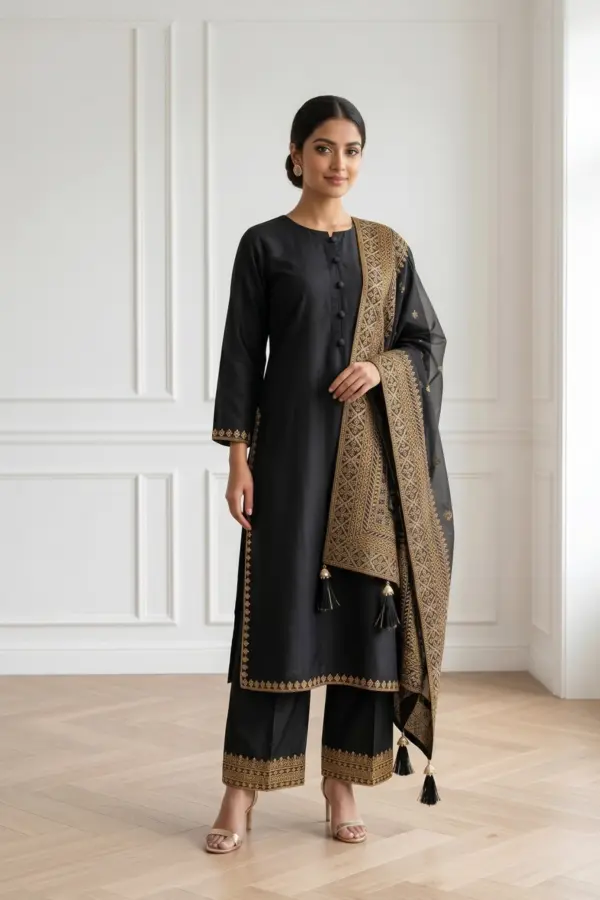 Reena luxe collection embroidered 3 piece suit - Black, X - Large