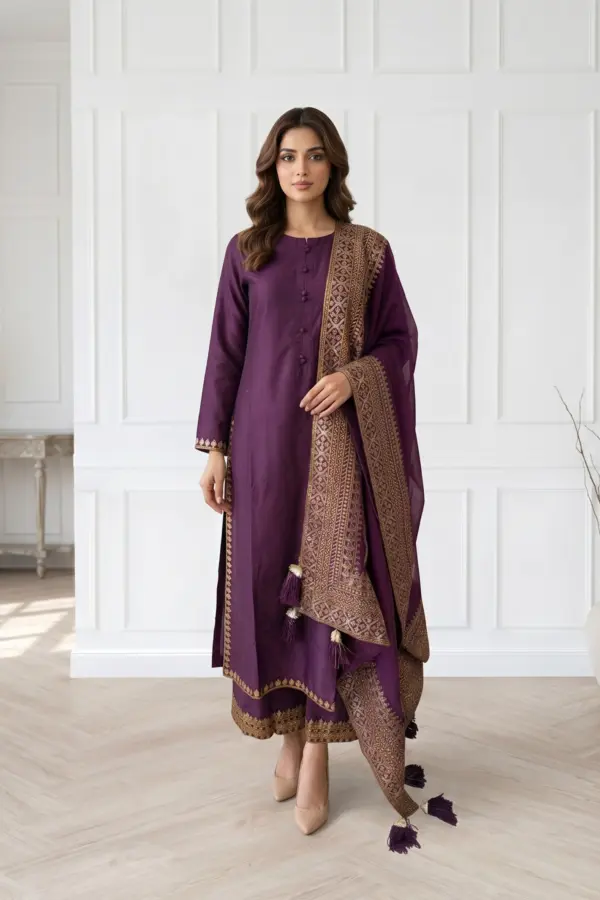 Reena luxe collection embroidered 3 piece suit - Purple, X - Large