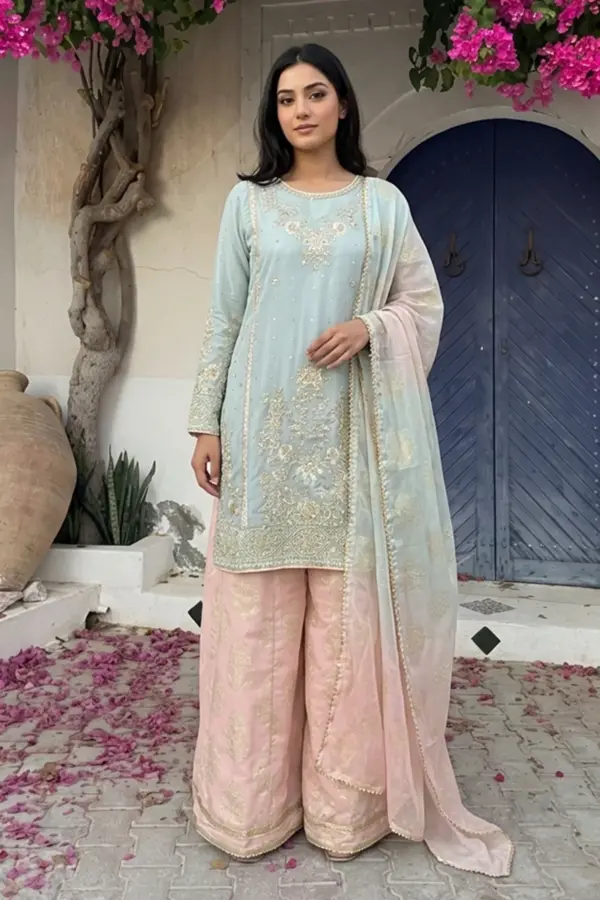 Shiffonz luxe Eid collection embroidered 3 piece suit - SGREEN, X - Large