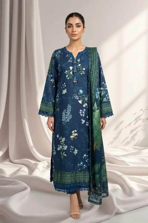 Satin silk collection 3 piece printed suit - Teal, X - Large