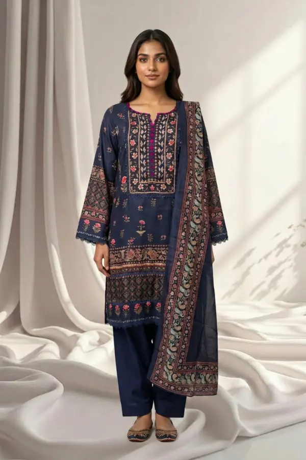 Satin silk collection 3 piece printed farshi shalwar suit - Navy, X - Large