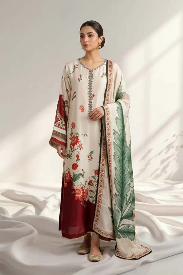 Satin silk collection 3 piece printed Kaftan suit - Cream, X - Large
